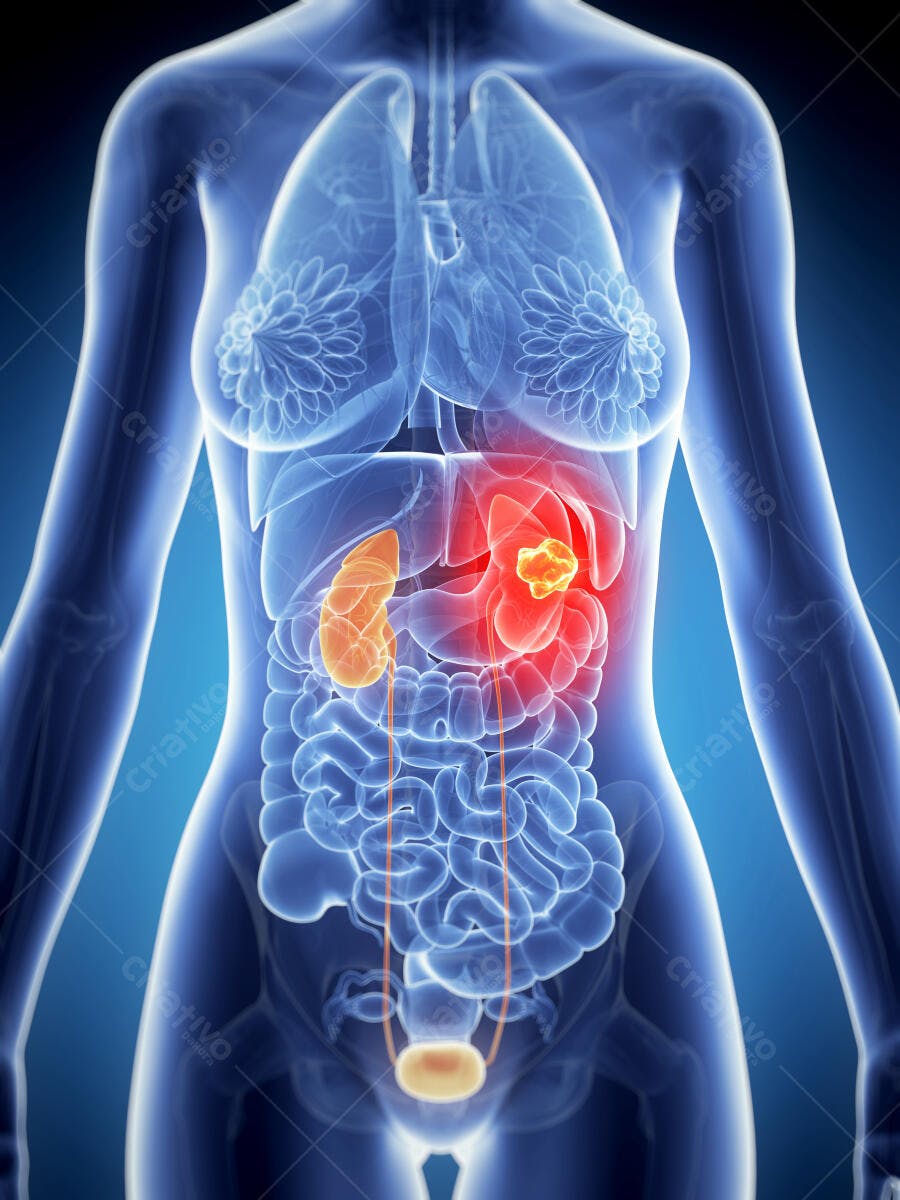 Tumor Renal em Corpo Feminino Ilustração Médica
