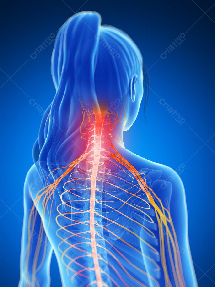 Dor na coluna cervical feminina ilustração médica