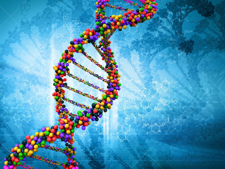 Modelo 3D de DNA colorido fundo azul