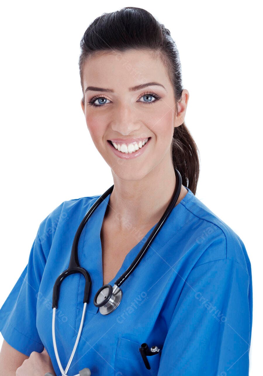 Enfermeira sorridente uniforme azul fundo branco
