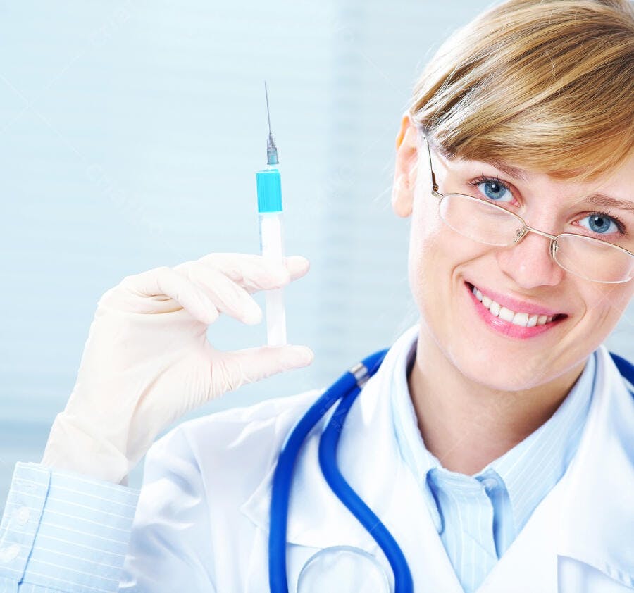 Médica sorridente segurando seringa com líquido azul