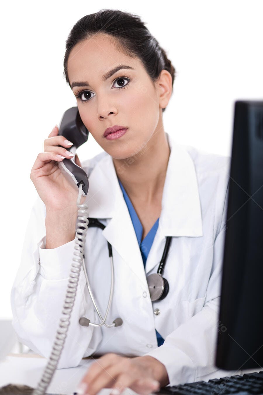 Médica latina ao telefone em consultório