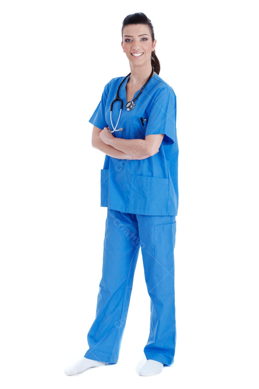 Enfermeira sorridente uniforme azul fundo branco