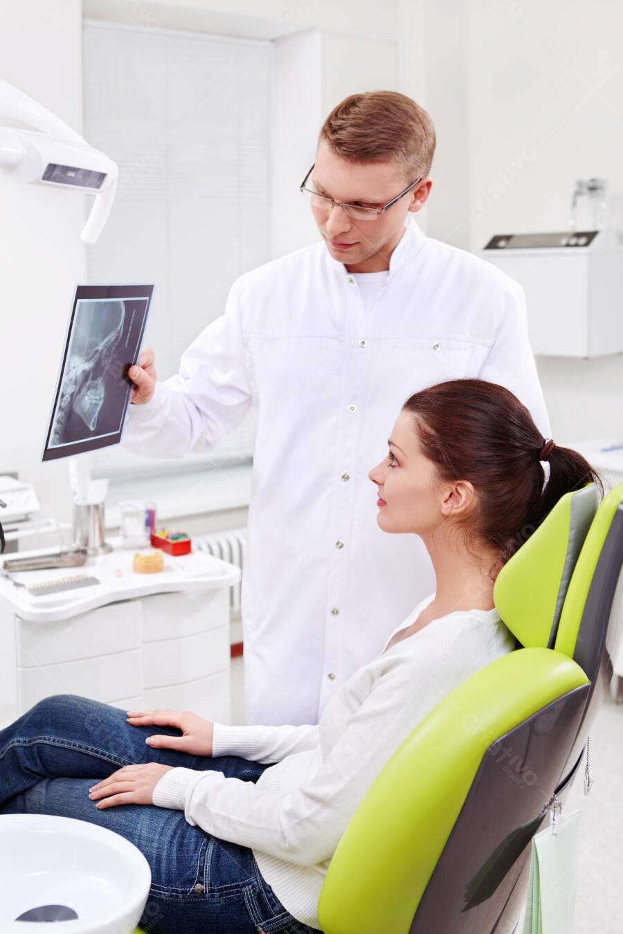 Dentista mostrando raio-x para paciente