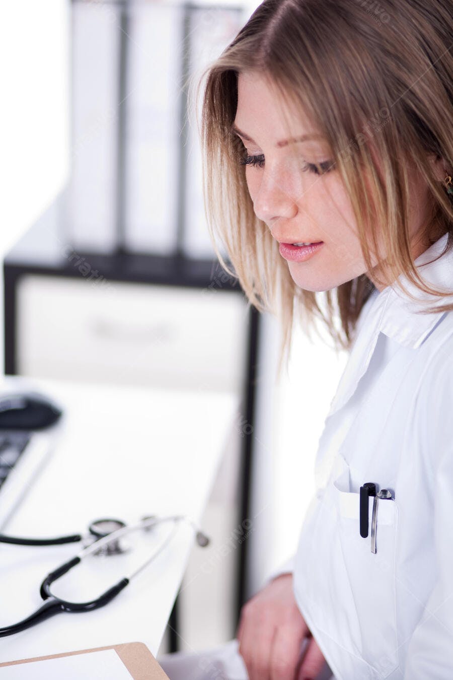 Médica revisando prontuário em consultório