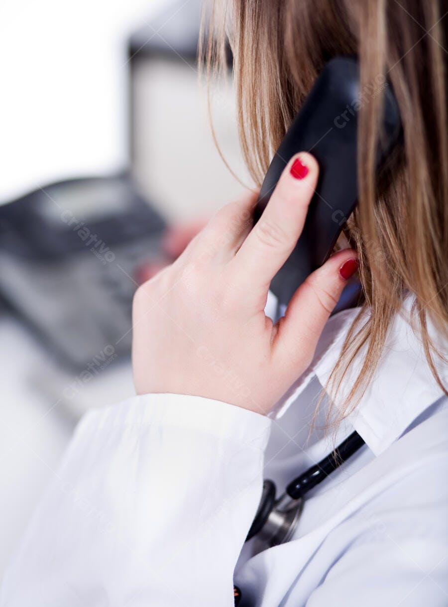 Médica atendendo telefone no consultório