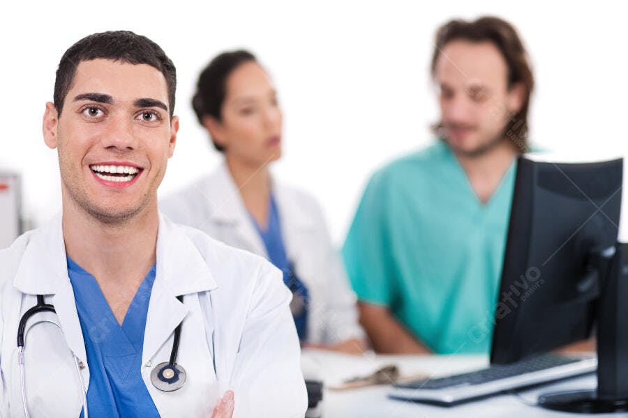 Médico sorridente com equipe médica no consultório