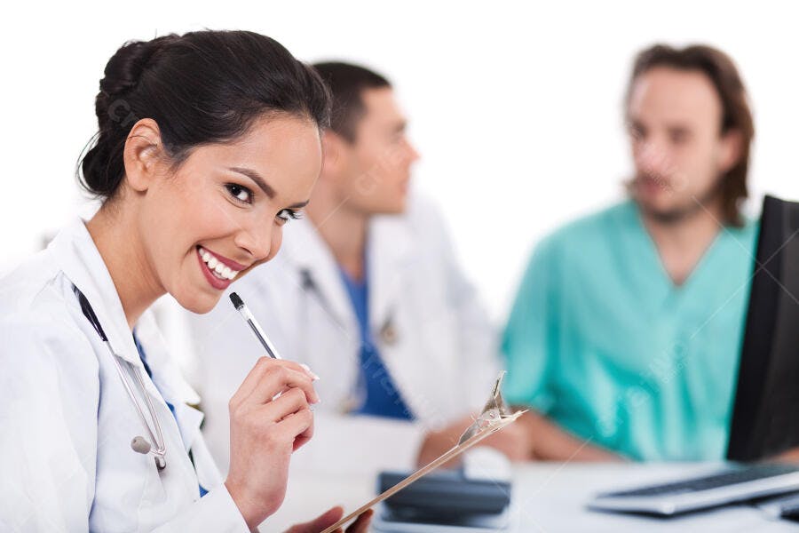 Médica sorridente com colegas em reunião