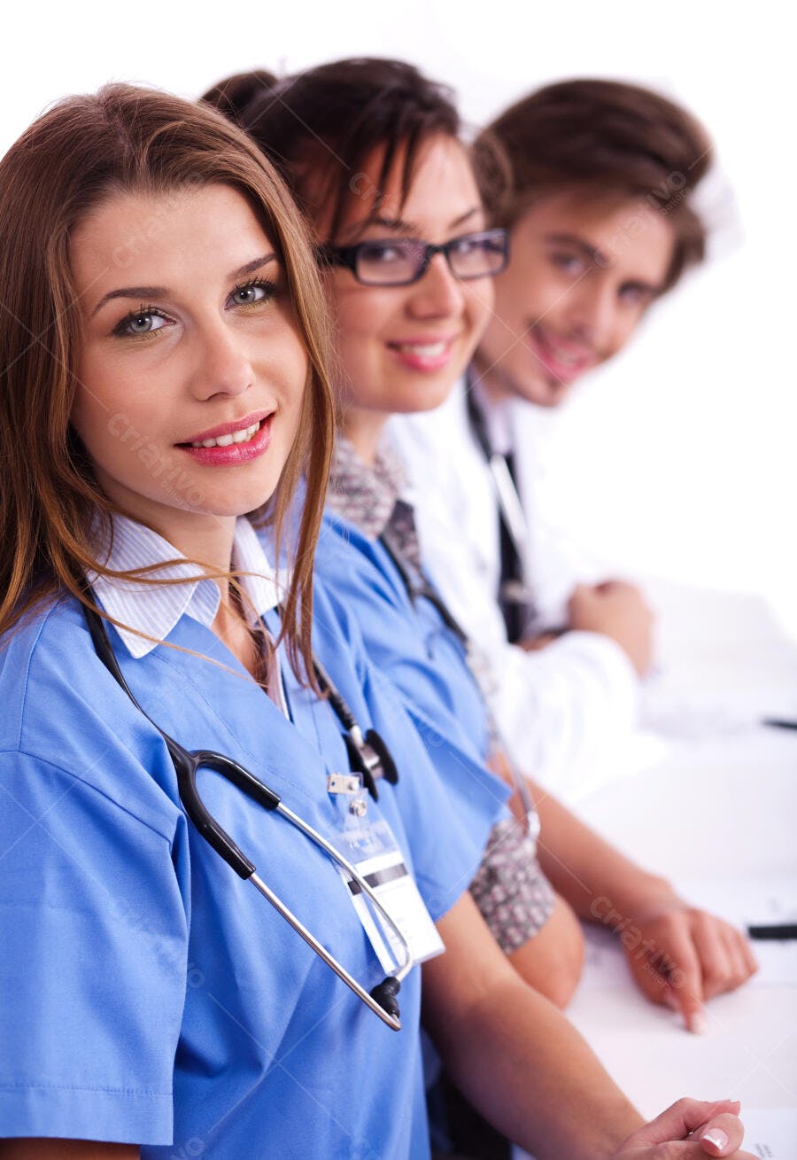 Equipe médica sorrindo uniforme azul
