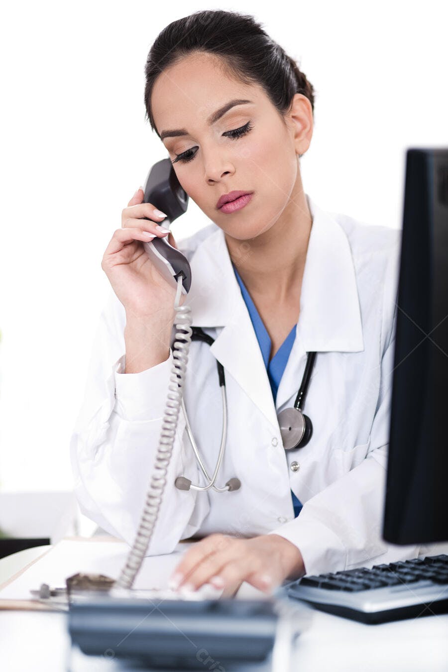 Médica latina ao telefone em consultório
