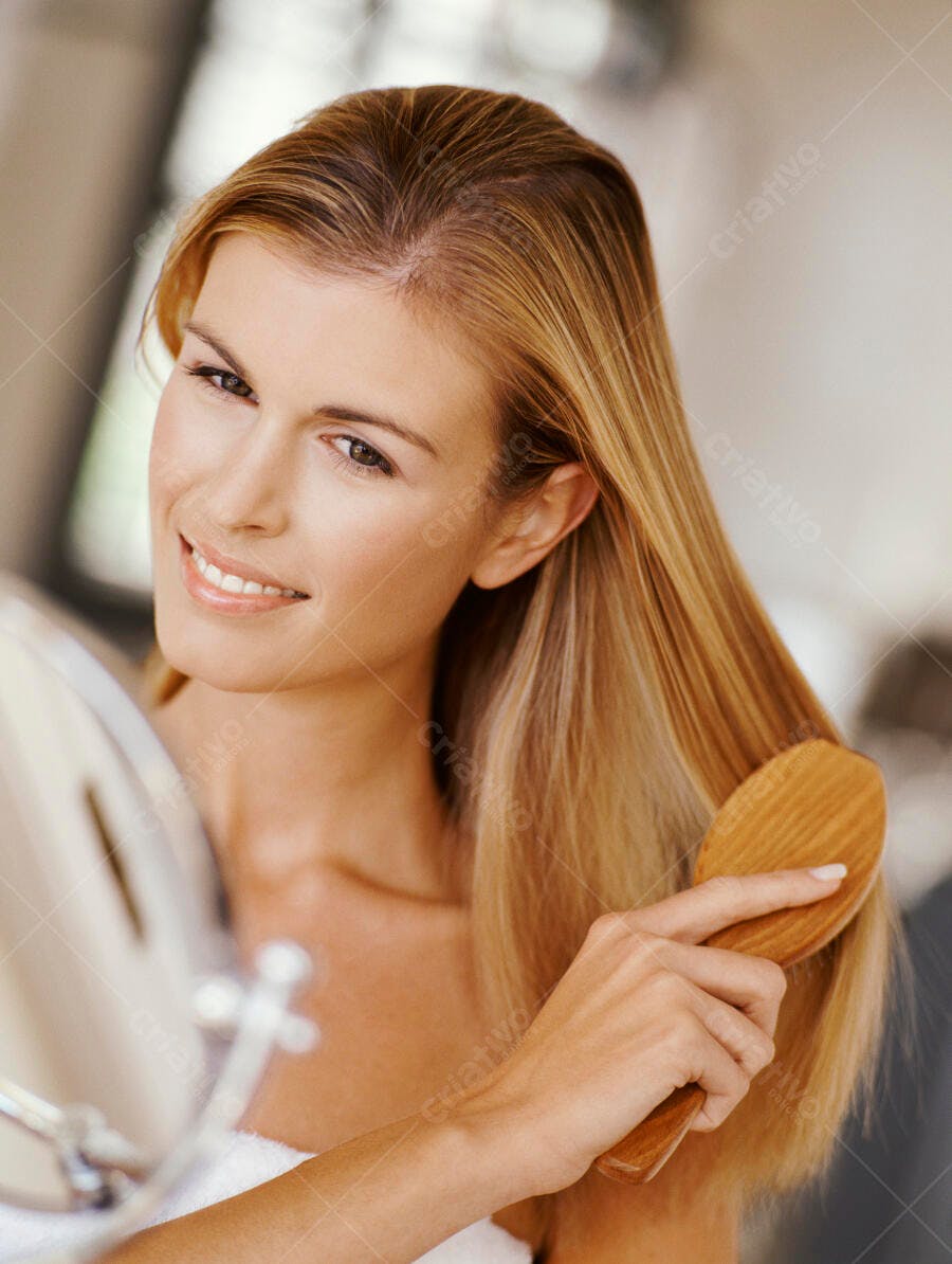 Mulher escovando cabelo loiro no banheiro