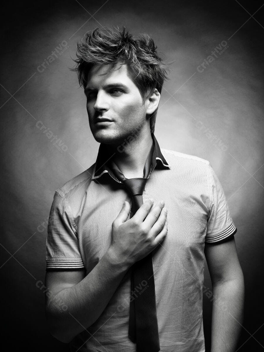 Homem elegante com cabelo despenteado em foto preto e branco