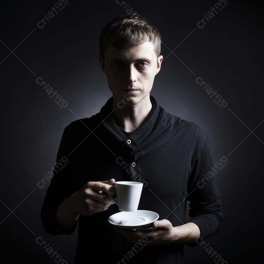 Homem com xícara de café em fundo escuro