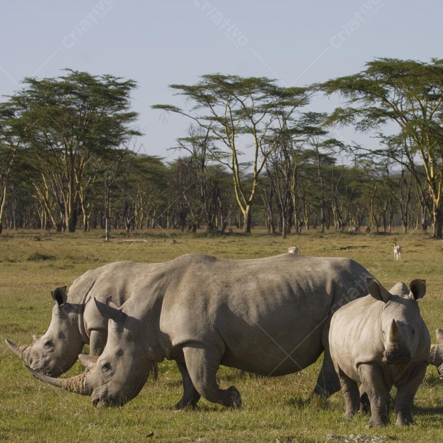 Rinocerontes brancos pastando na savana africana