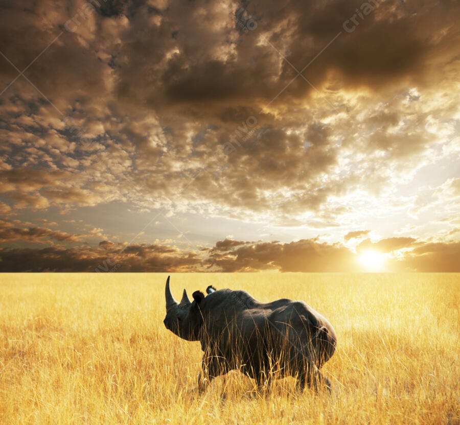 Rinoceronte na Savana ao Pôr do Sol