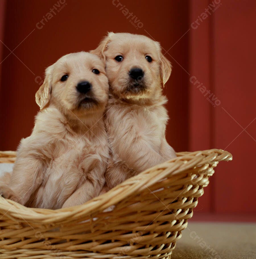 Dois filhotes Golden Retriever em cesta