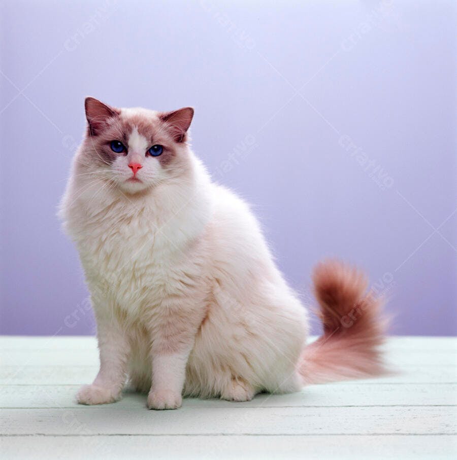 Gato Ragdoll branco e lilás sentado em fundo lavanda