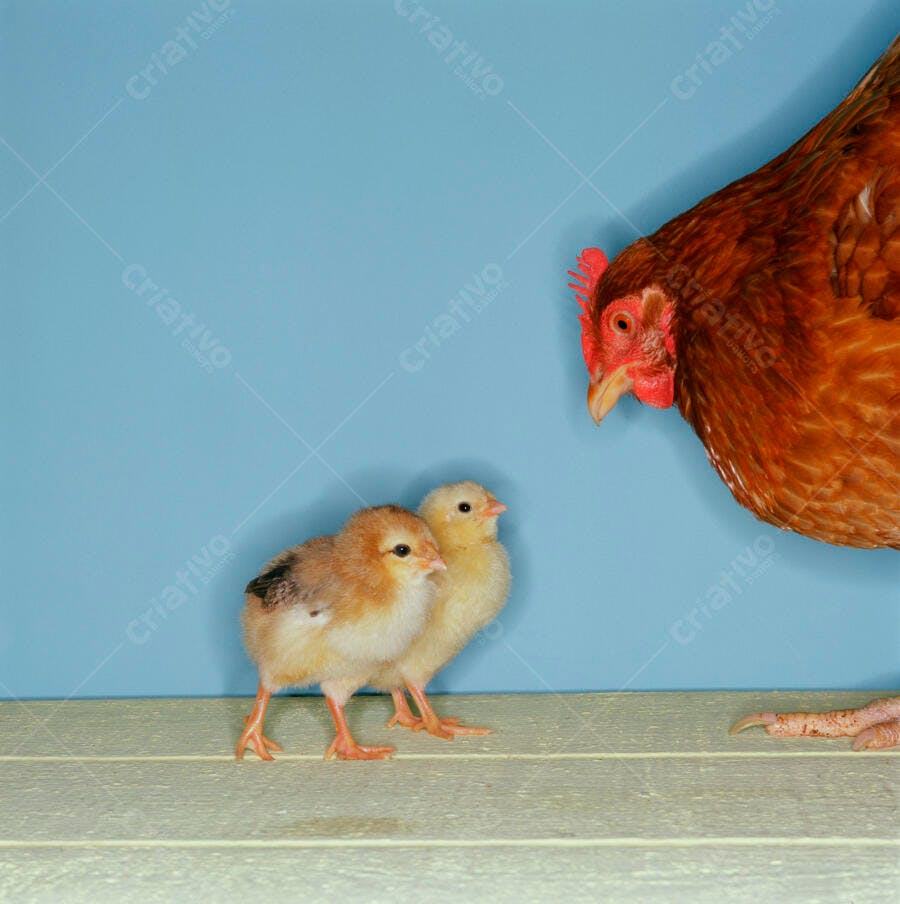 Galinha e Pintinhos em Fundo Azul