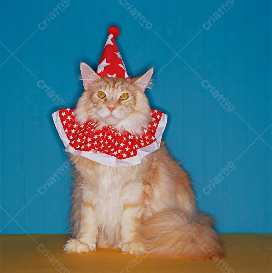 Gato Maine Coon com roupa de palhaço