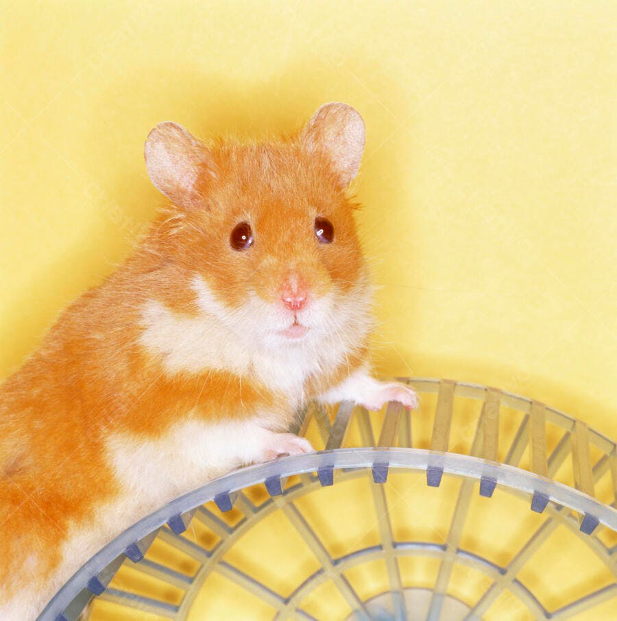 Hamster ruivo em roda de exercício amarela