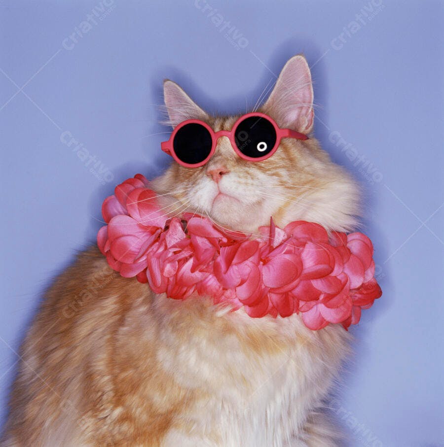 Gato Maine Coon com óculos e colar havaiano