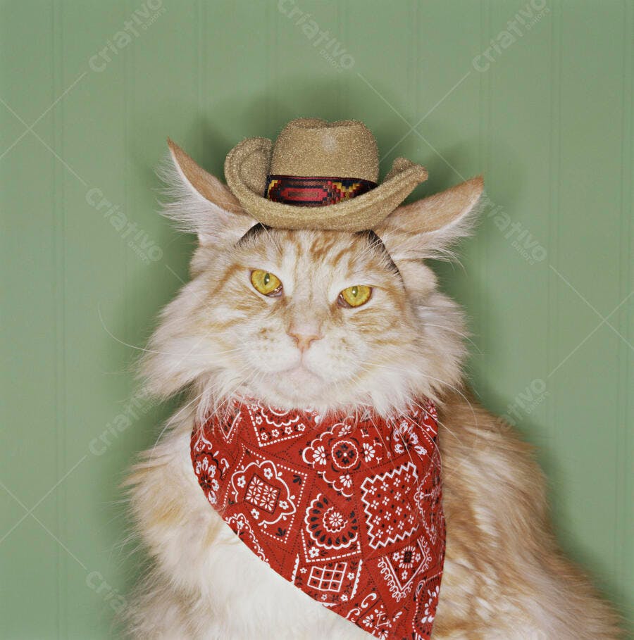 Gato Maine Coon com chapéu de cowboy e bandana
