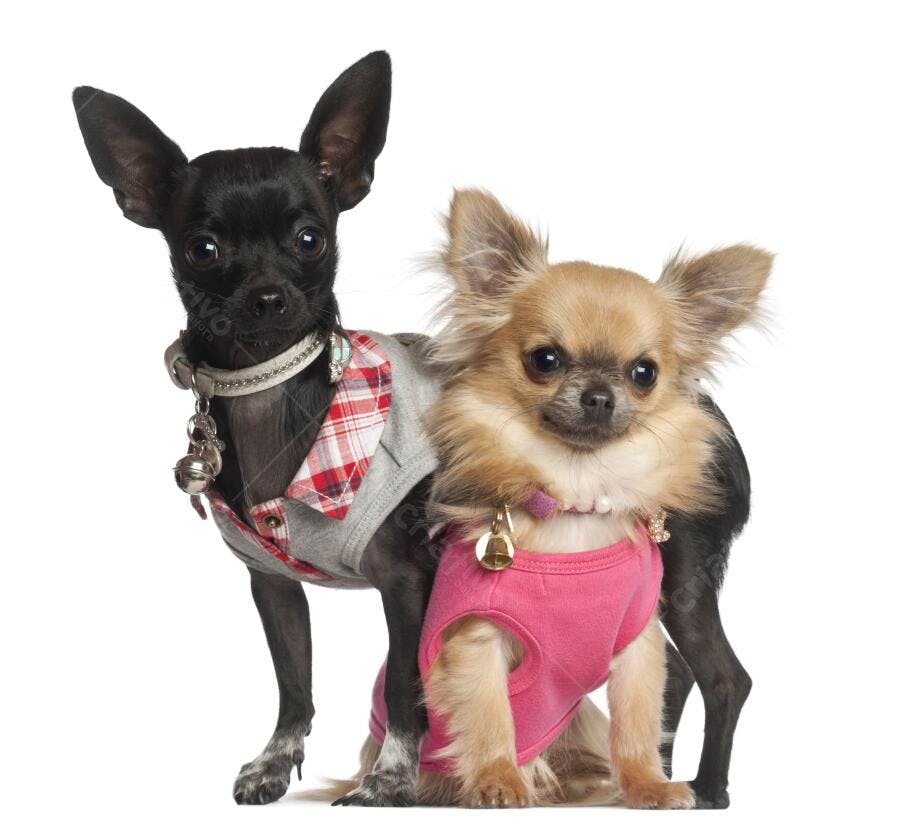 Dois Chihuahuas vestindo roupas estilosas