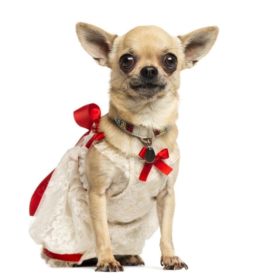 Chihuahua fofa em vestido branco e laço vermelho