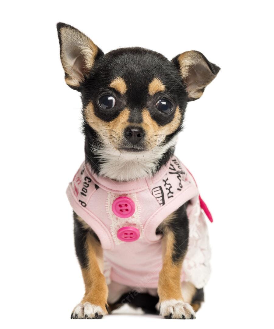 Chihuahua filhote vestido de rosa fundo branco