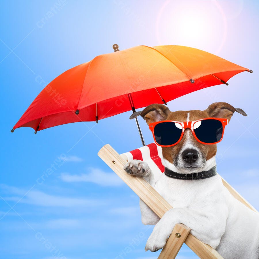 Cachorro de óculos relaxando na praia com guarda-sol