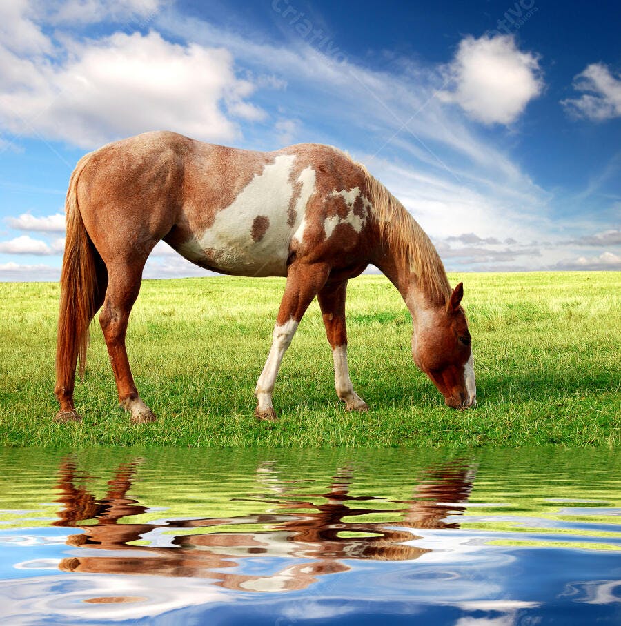 Cavalo paint horse pastando em campo verde