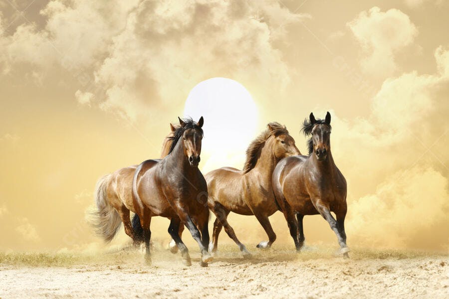 Cavalos marrons correndo ao pôr do sol