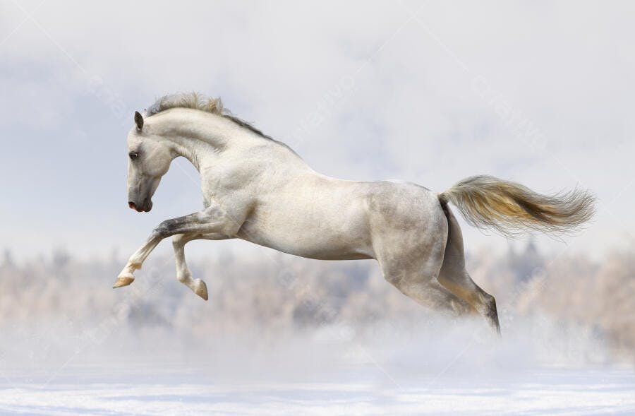 Cavalo branco saltando na neve