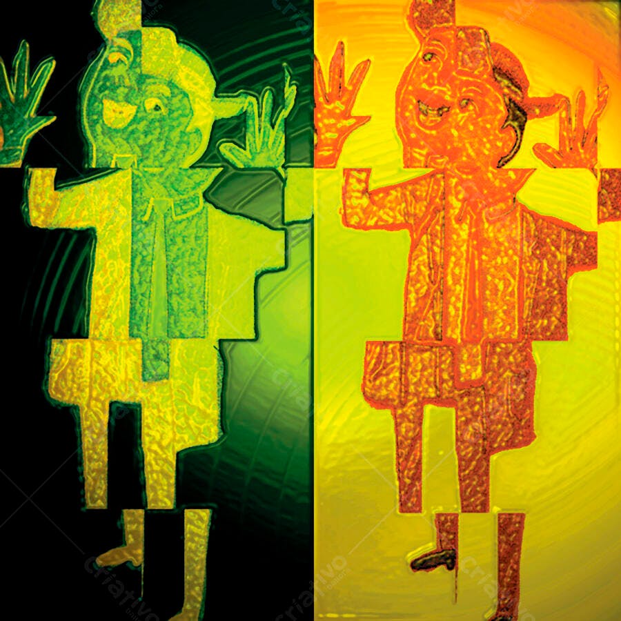 Duas figuras abstratas em verde e laranja