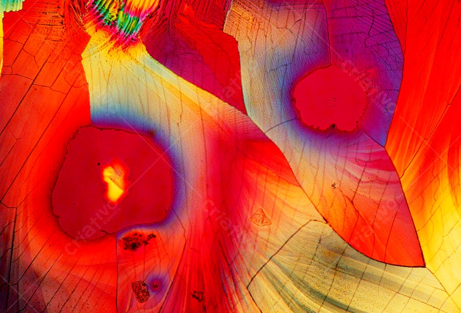 Cristais microscópicos vermelhos e amarelos