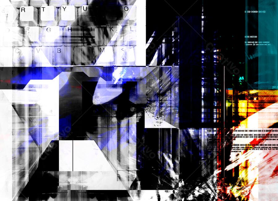 Arte Abstrata Tecno com Teclado e Cores Vibrantes
