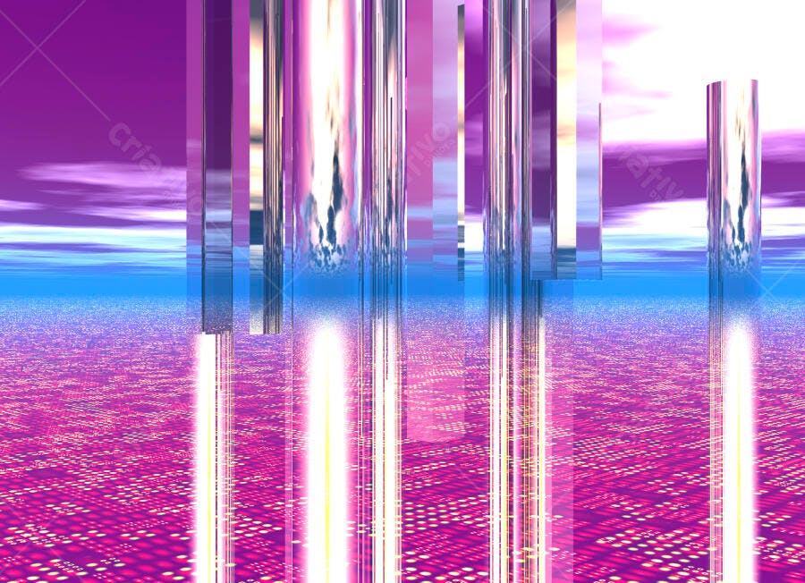 Paisagem futurista roxa e azul com colunas metálicas