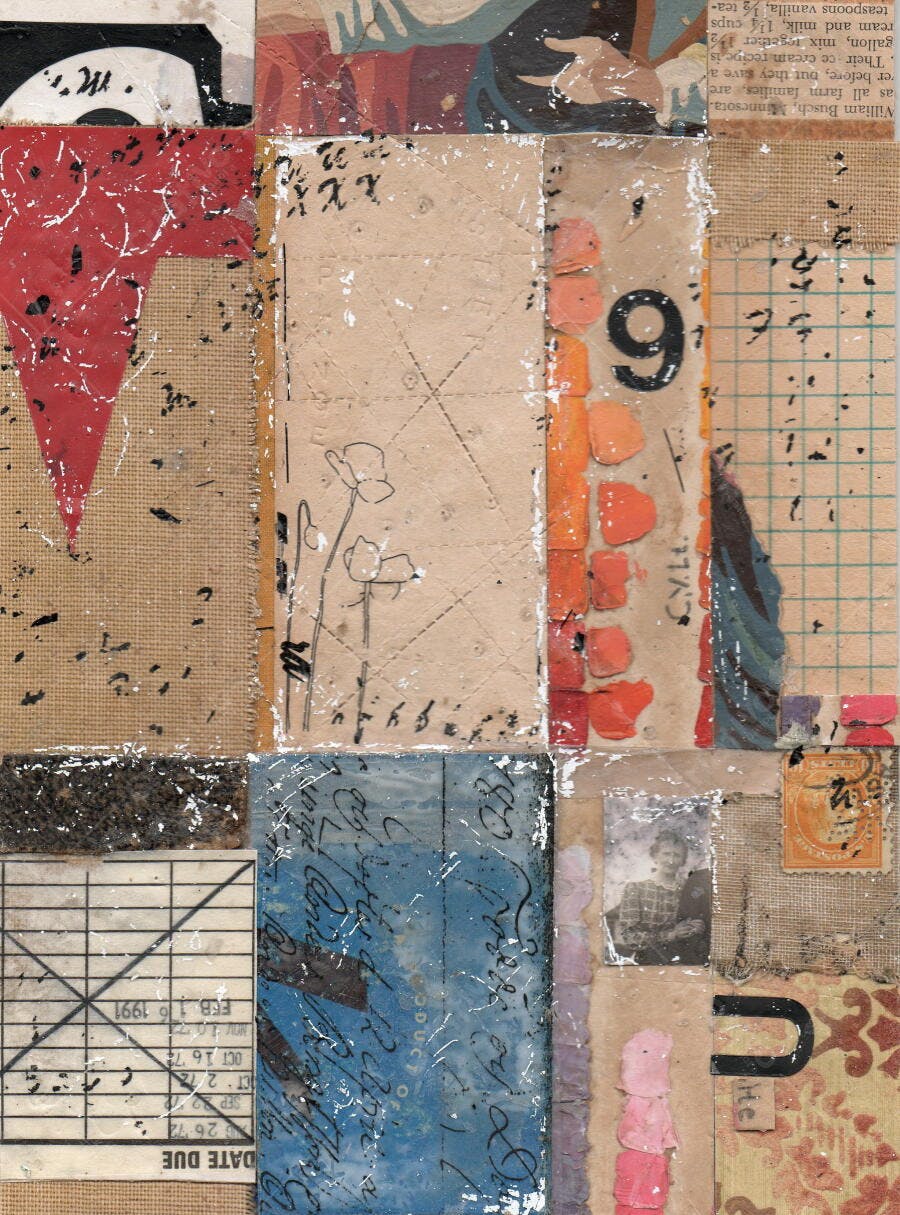 Colagem abstrata com tons terrosos e vermelhos