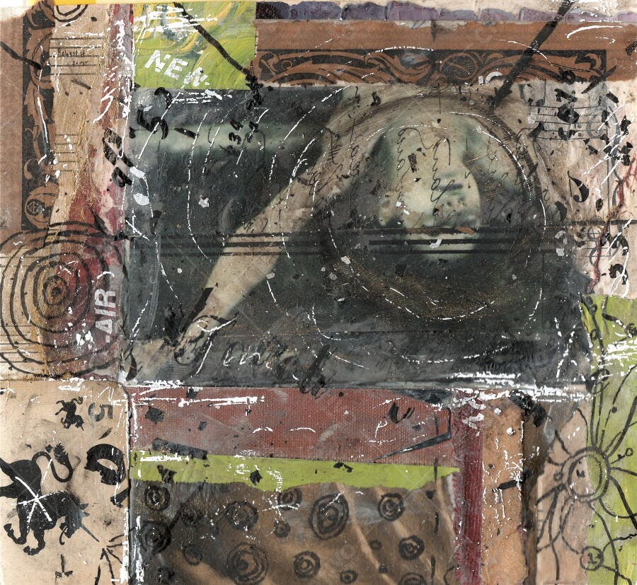 Colagem Abstrata com Tons Escuros e Figuras