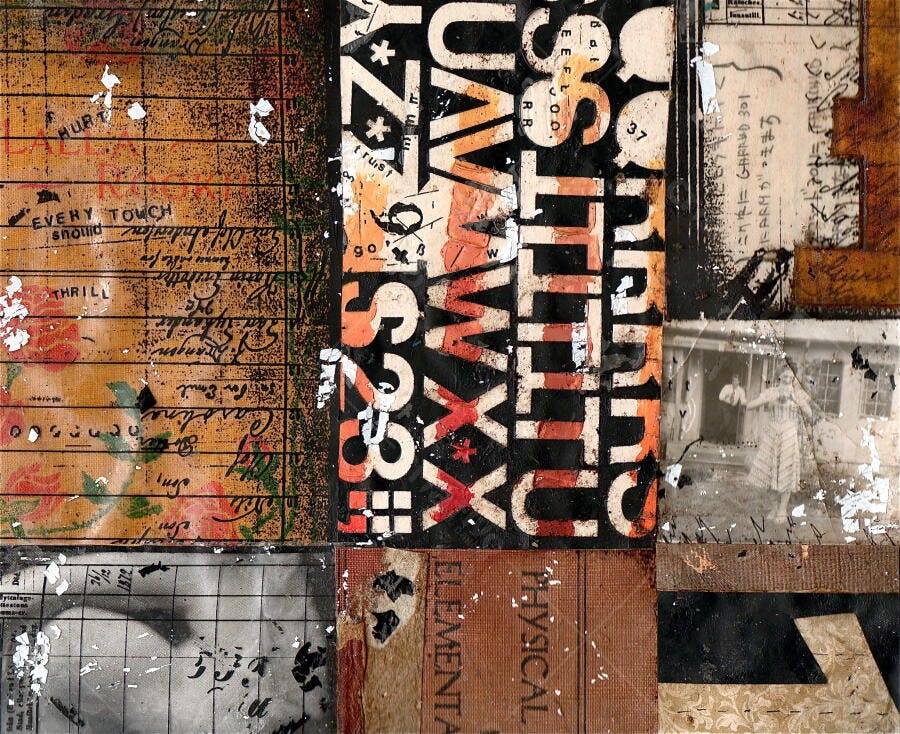 Colagem abstrata com letras e fotos antigas