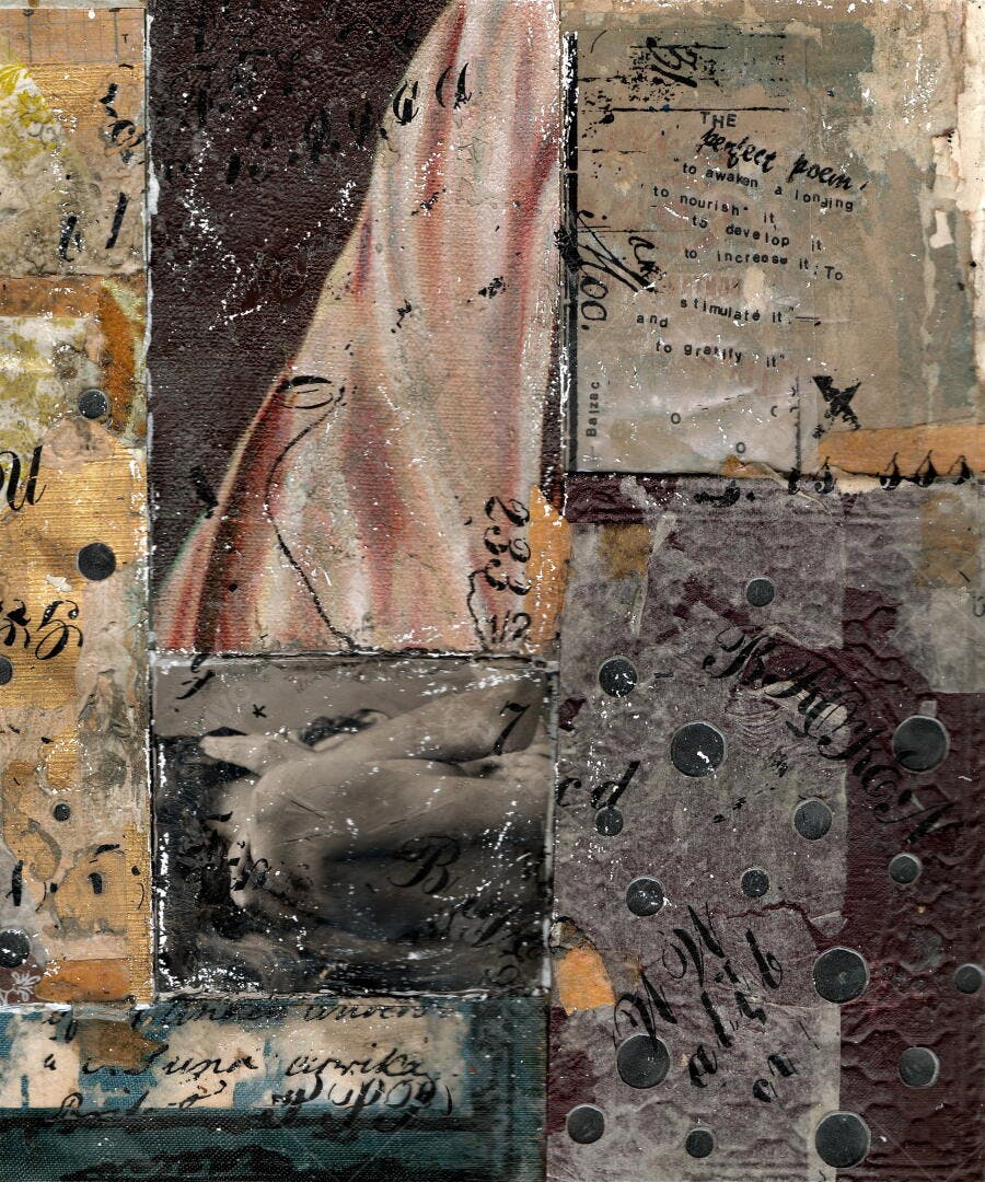 Colagem abstrata com tons terrosos e poesia