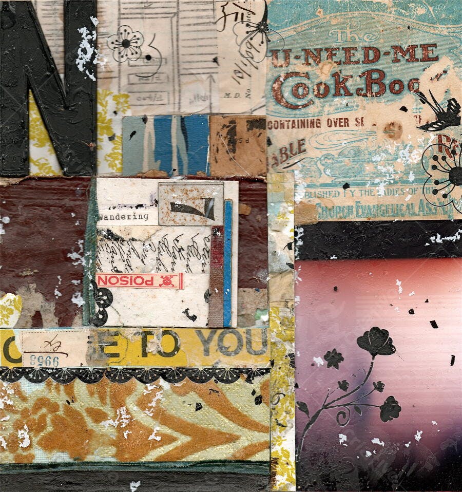 Colagem abstrata com tons terrosos e textos antigos