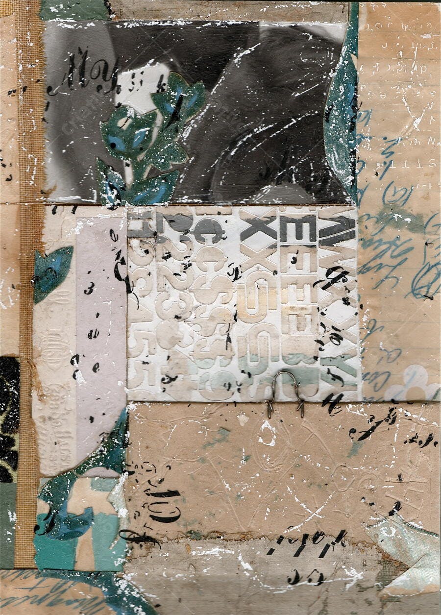 Colagem abstrata com letras e tons neutros