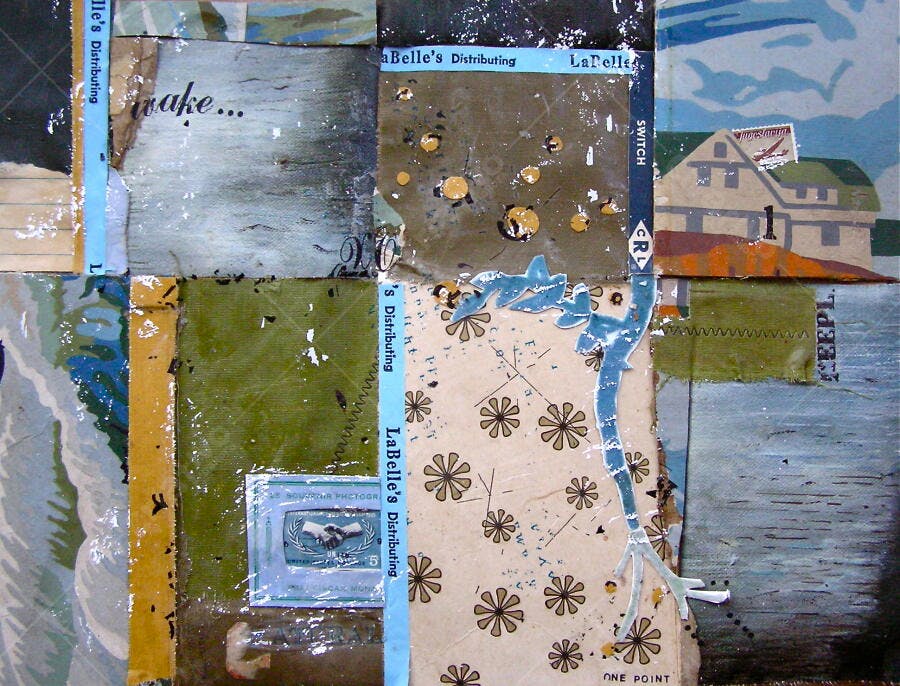 Colagem abstrata com tons azuis e verdes