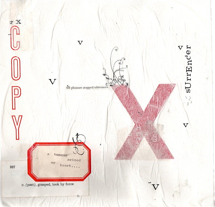 Colagem abstrata com letra X e poema