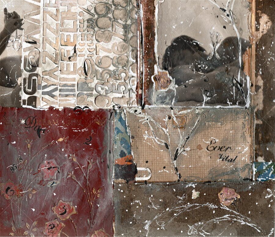Colagem abstrata com tons terrosos e figuras antigas