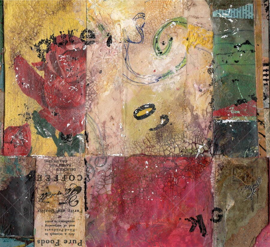 Arte Abstrata com Rosa Vermelha e Texturas Rústicas