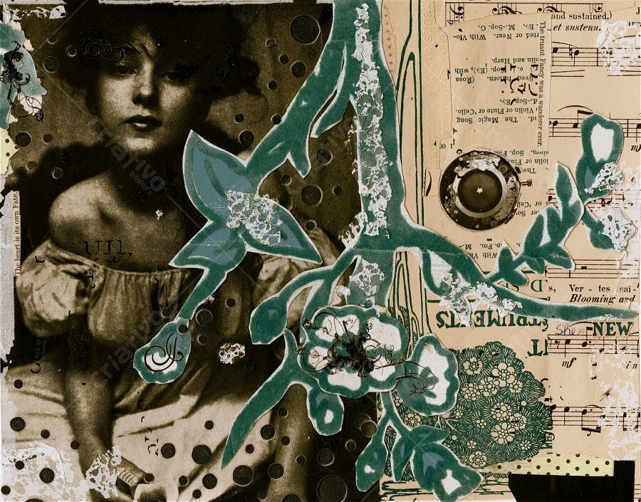 Retrato vintage mulher flores verde