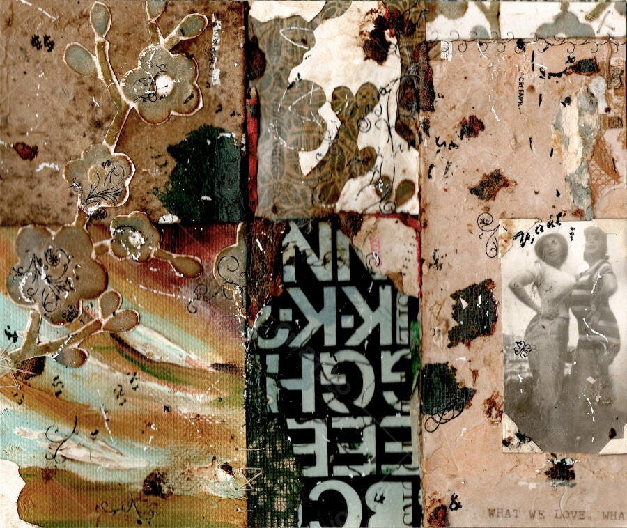 Colagem abstrata com tons terrosos e foto antiga