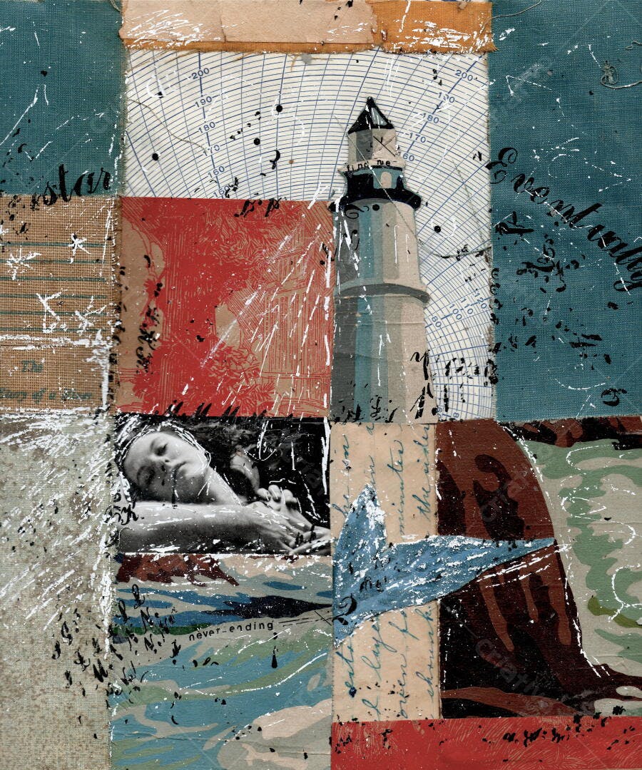 Arte Collage Farol Mulher Mar Vermelho Azul